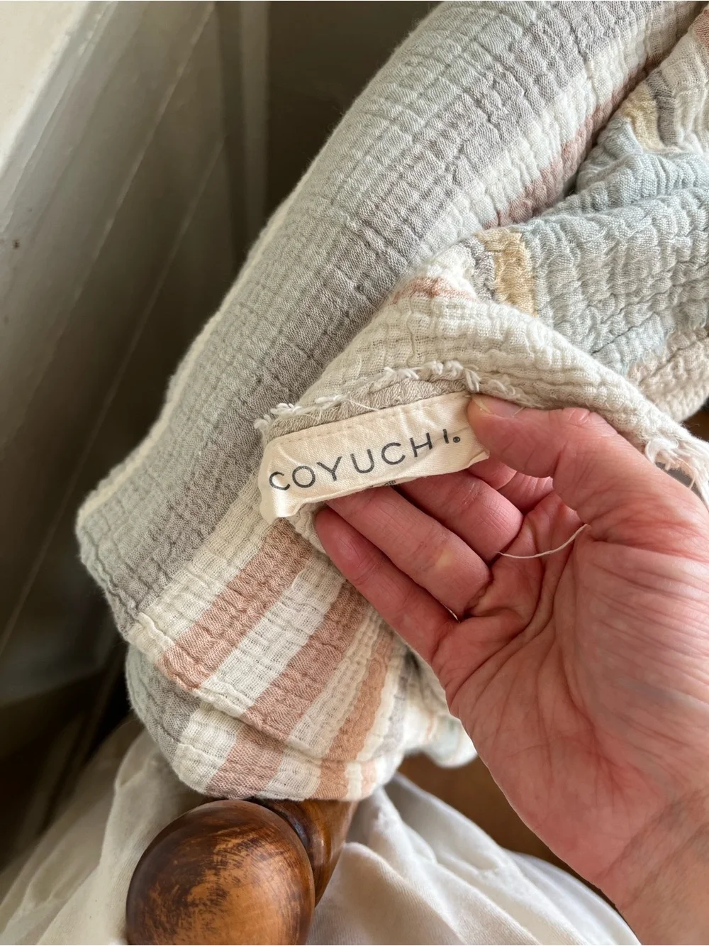 Coyuchi Soft Stripe Cotton Throw in Cream, Tan, and Light Gray